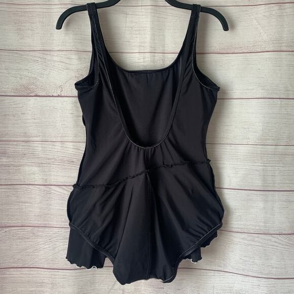 Vintage Black One Piece Skirted Swimsuit or Swimdress White Trim Built-in Cups - Picture 10 of 16